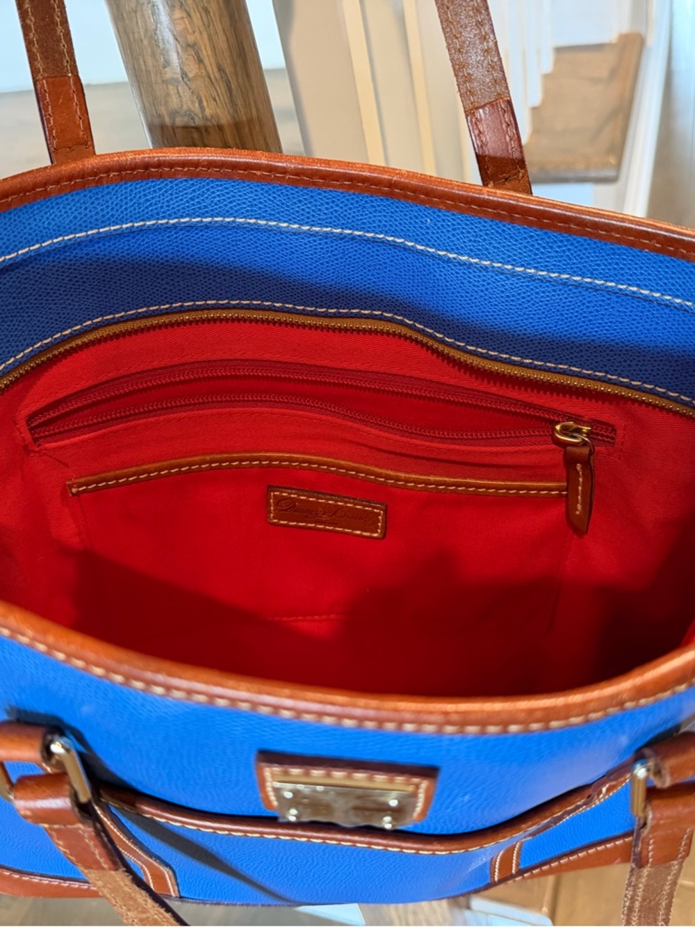 Dooney & Bourke Blue Tote with Brown Leather Trim and Straps - Picture 5 of 8